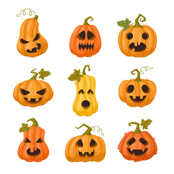 Cartoon halloween pumpkins, spooky carved faces, holiday pumpkins decorations. Scary jack-o-lanterns, Halloween gourd ghost faces vector symbols set. Autumn holidays pumpkins characters