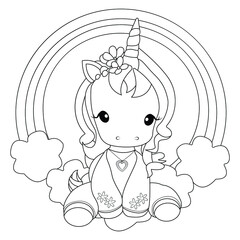 Cute pony unicorn rainbow coloring page for kids