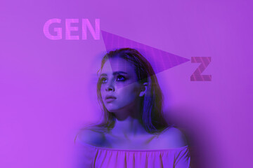 Girl with wet hair looks up with the inscription Gen Z, futurism style pink, back to the 90s, copyspace