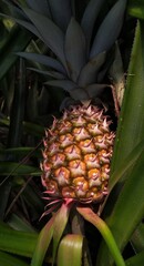 Delicious wild ripe pineapple or ananas tropical organic farm fresh fruit growing on field,...