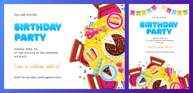 Set of birthday invitation templates. Cartoon illustrations of party table and bunting flags isolated on white. Vector 10 EPS.