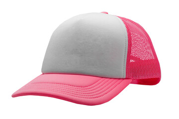 Neon pink trucker cap isolated on white background. Basic baseball cap. Mock-up for branding.