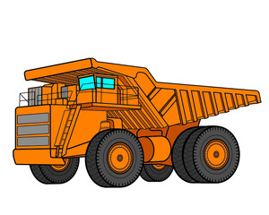 Large mining truck. Big yellow mining truck. Loading coal into the back of a truck. Production of minerals. Mining dump truck for transportation from a quarry. Vector illustration