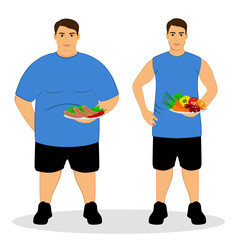 Thin and fat. Proper nutrition. Incorrect food. From fat to thin. Before and after. The choice. Healthy Lifestyle. The man becomes thin. Isolated objects. 