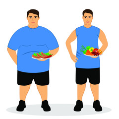 Thin and fat. Proper nutrition. Incorrect food. From fat to thin. Before and after. The choice. Healthy Lifestyle. The man becomes thin. Isolated objects. Vector illustration.