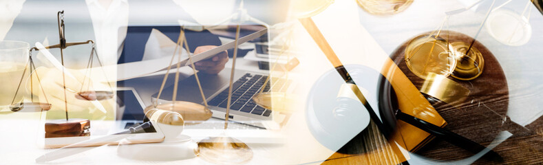 Business and lawyers discussing contract papers with brass scale on desk in office. Law, legal services, advice, justice and law concept picture with film grain effect