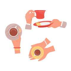 Set of hands holding cups with hot drinks (coffee, tea). Vector illustration win flat cartoon style.