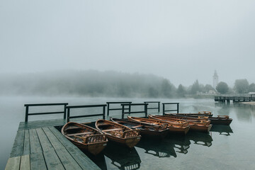 boat on the river and fog