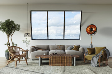 Illustration 3D rendering large luxury modern bright interiors Living room mockup computer digitally generated image