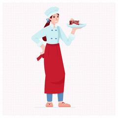 Chef woman with tasty cake in her hands.