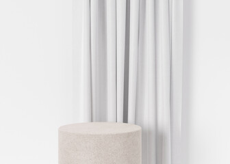 Podium with white textile on white background. Elegant podium for product, cosmetic presentation. Luxury mock up. Pedestal or platform for beauty products. Empty scene. 3D rendering.