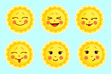 Set of stickers cute suns.Cartoon vector graphics.