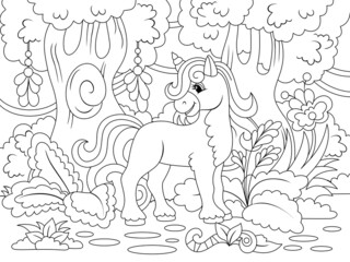 Cheerful unicorn in the magical forest. Vector illustration, children coloring book.
