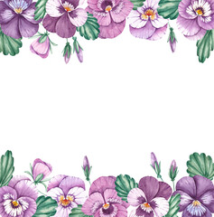 Watercolor frame of pansies on a white background