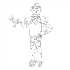 A man with scissors.  Hairdresser. Isolated on a white background. Coloring book for kids.