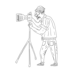 A man takes pictures using a tripod. Isolated on a white background. Coloring book for kids.