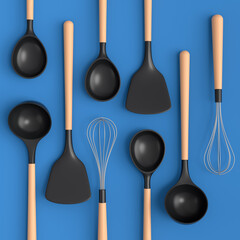Wooden kitchen utensils, tools and equipment on blue background.