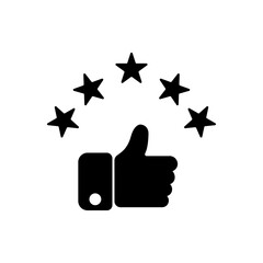 Hand thumb up gesture with 5 stars line icon. Testimonials, like and customer relationship management concept. Simple outline style. Isolated badge.. For: dev, web, design, app, ui, ux. Vector EPS 10.