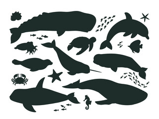 Cartoon sea animals silhouettes, ocean life fauna, orca, dolphin and whale. Underwater aquatic creatures, sperm whale, narwhal and seal vector symbols illustrations set