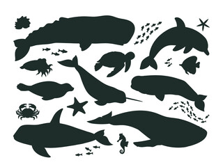 Cartoon sea animals silhouettes, ocean life fauna, orca, dolphin and whale. Underwater aquatic creatures, sperm whale, narwhal and seal vector symbols illustrations set © GreenSkyStudio