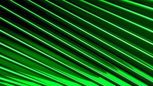 Abstract 3d parallel green stripes moving on a black background, seamless loop. Motion. Diagonal movement of straight lines.