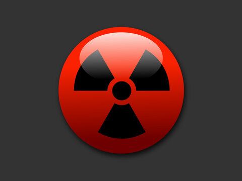 Red button with symbol of radioactivity and radioactive radiation - button to launch nuclear bomb and weapon. Illustration.