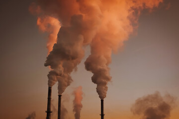 industries high smokestacks with smoke emission. Industrial factory pollution, smokestack exhaust gases. factory smokestack