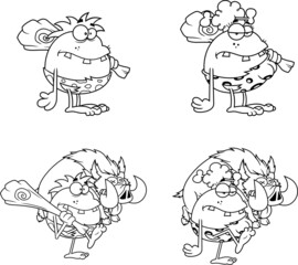 Outlined Caveman Cartoon Characters. Vector Hand Drawn Collection Set Isolated On White Background