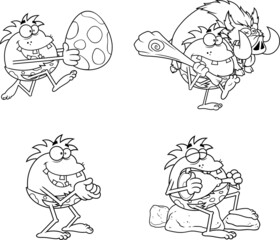 Outlined Caveman Cartoon Characters. Vector Hand Drawn Collection Set Isolated On White Background