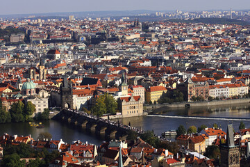 Scenic view with Charles Bridge, Vltava river and Prague city, Czech Republic.