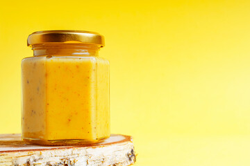 A jar of honey with hexagonal additions on a wooden stand and a yellow background