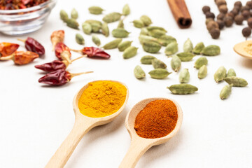 Ground paprika and turmeric spices in wooden spoons.