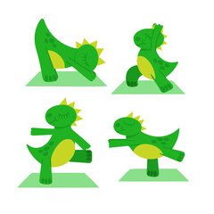 Set of different dinosaur yoga poses. Various yoga asanas. Collection of dinosaur poses isolated on white background. Design element. Vector illustration