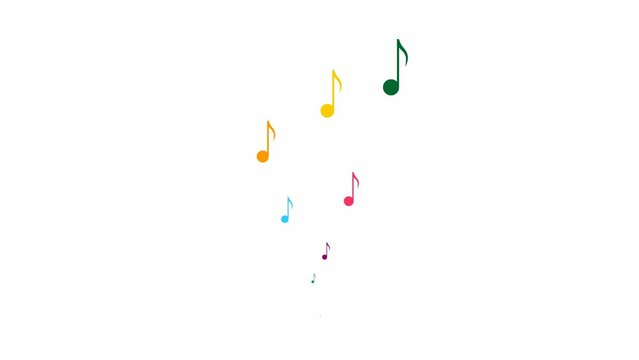 Animated multicolored notes fly from bottom to top. A colorfull wave of flying notes. Concept of music, song, melody. Vector illustration isolated on the white background.