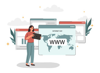 Internet day concept. Young girl with smartphone or tablet watches content on websites and social networks. Modern technologies and digital world, innovations. Cartoon flat vector illustration