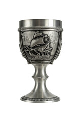 Pewter wine goblet with relief isolated on a white background.