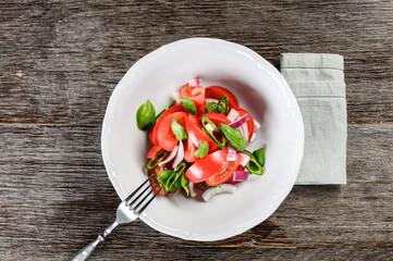 fresh salad of red tomatoes, onions and basil