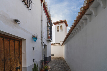 Street of the Albaicin neighborhood in the city of Granada, Andalusia, Spain