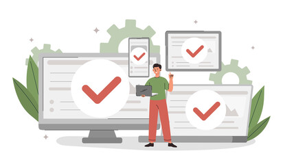 Concept of targeting. Guy with tablet sets up advertising on Internet. Modern technologies and digital world. Promotion of company and its products and services. Cartoon flat vector illustration