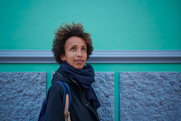 Portrait of a woman with afro hair with copy space