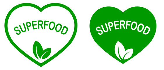Superfood logo or label. Green heart-shaped icon. Plant-based vegan diet. Healthy food. Organic product.