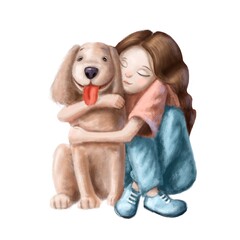 girl and dog tender hugs, watercolor style illustration