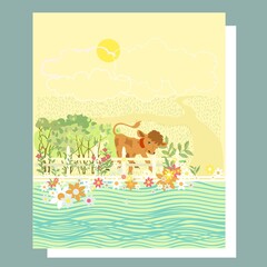 illustration with a small calf on the lawn in green leaves and flowers near river