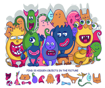 Find hidden objects. Cute Monsters. Puzzle game for kids. Printable education worksheet. Sketch vector illustration.