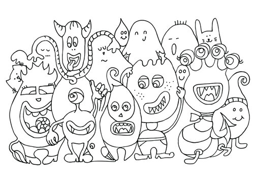 Cute Monsters with animals and ghosts. Coloring book for children and adults. Colouring  page. Sketch vector illustration on white background