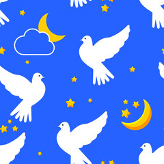 White doves in a blue sky with yellow stars and a crescent moon. Seamless cute pattern. Vector.