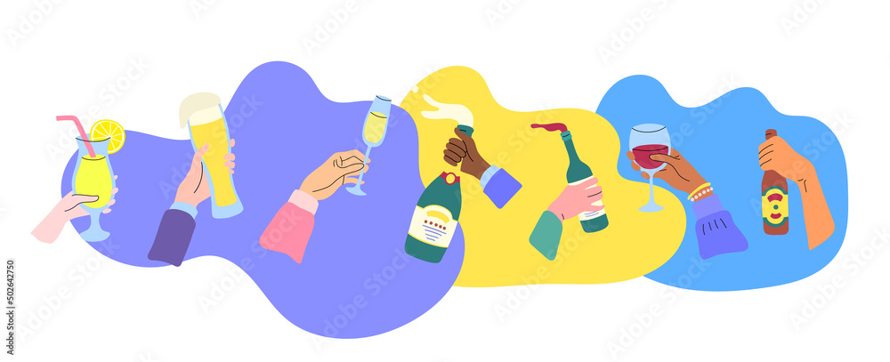 Sticker Cartoon Human Hands Holding Alcoholic Drinks Set Party or Toast Concept Flat Design Style. Vector illustration