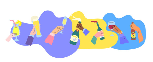 Fototapeta Cartoon Human Hands Holding Alcoholic Drinks Set Party or Toast Concept Flat Design Style. Vector illustration obraz