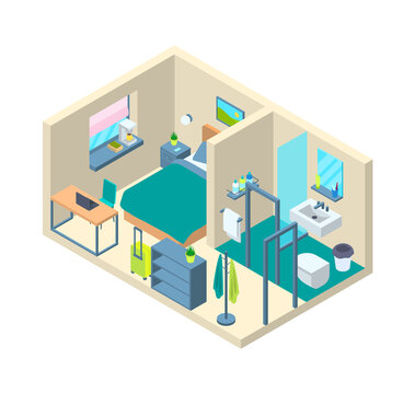Hotel Room Interior Inside with Furniture Concept 3d Isometric View Style Include of Bed and Table. Vector illustration