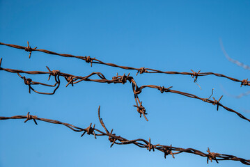 Border weathered steel iron barbed wire fence barbed wire detail closeup